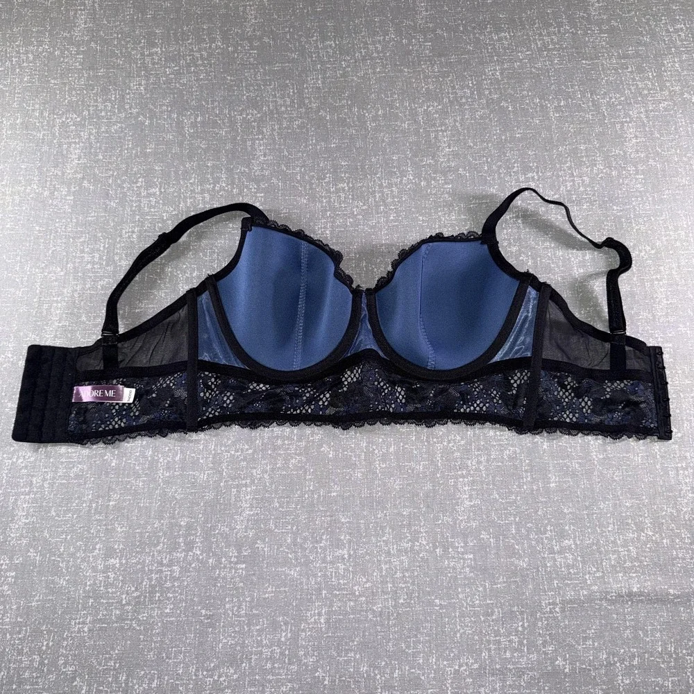 Adore Me Bra Womens 34DDD Blue Lace Longline Underwire Padded Molded Floral